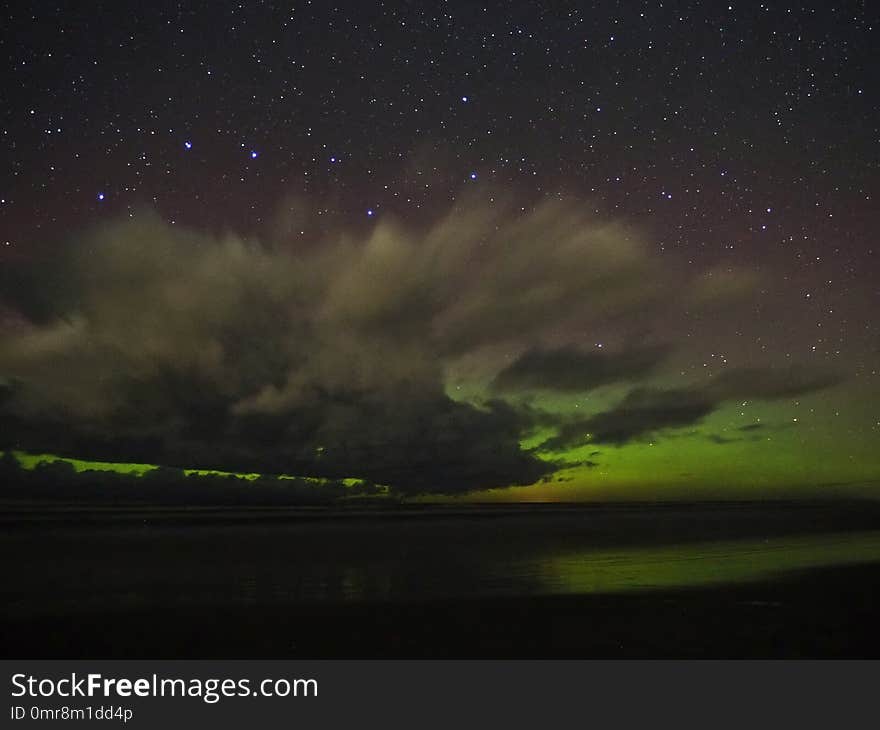 Night sky stars, Big dipper Constellation, and Aurora borealis observing over forest. Night sky stars, Big dipper Constellation, and Aurora borealis observing over forest.