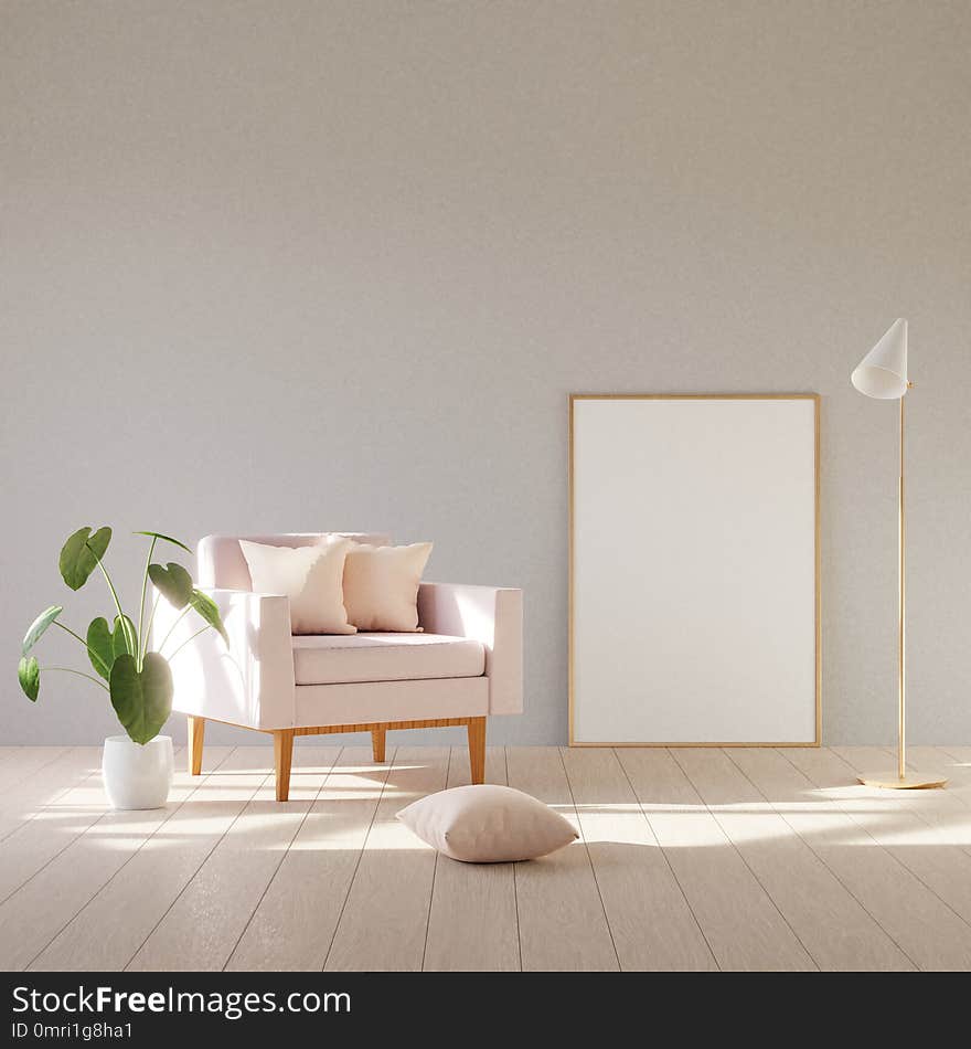 Modern minimalistic interior with an armchair. 3D render.