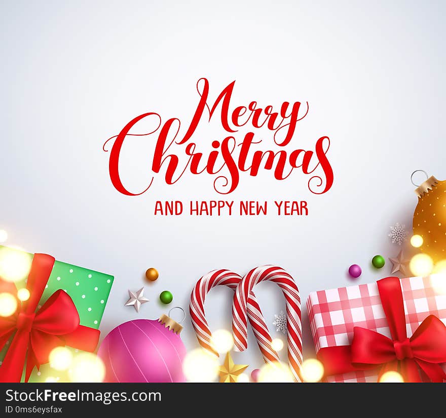 Christmas background vector template with glowing blurred lights, colorful elements and merry christmas greeting text in empty white space background. Vector illustration.