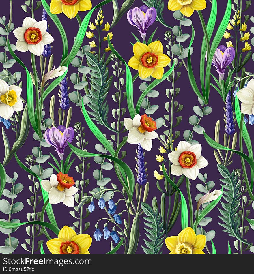 Seamless pattern with daffodils and wild flowers. Vector.