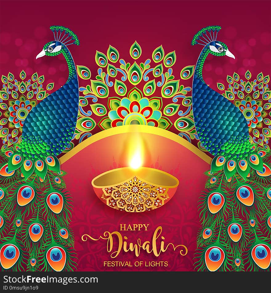 Happy Diwali festival card with gold diya patterned and crystals on paper color Background. Happy Diwali festival card with gold diya patterned and crystals on paper color Background.