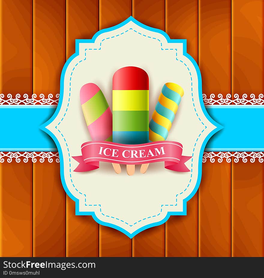 Illustration of label ice cream over wooden background