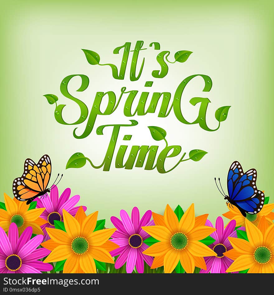 Illustration of It`s spring time background with flowers and butterfly