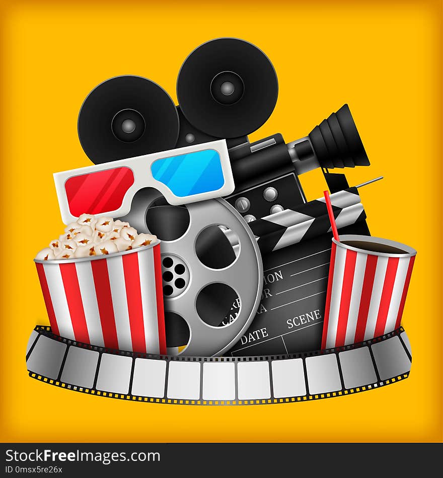 Cinema concept with movie theatre elements set of film reel, clapperboard, popcorn, 3d glasses, camera.