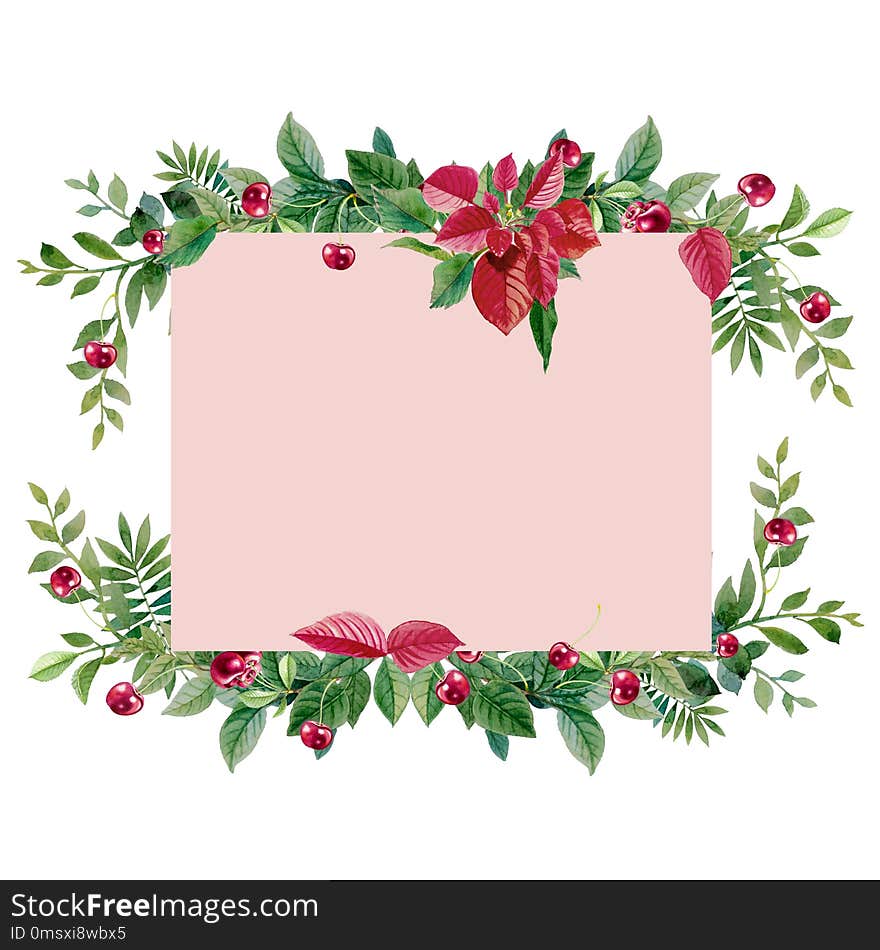 Watercolor painting Christmas star wreath with bright red cherry and place for text. Illustration for greeting cards and invitations isolated on white background. Watercolor painting Christmas star wreath with bright red cherry and place for text. Illustration for greeting cards and invitations isolated on white background.