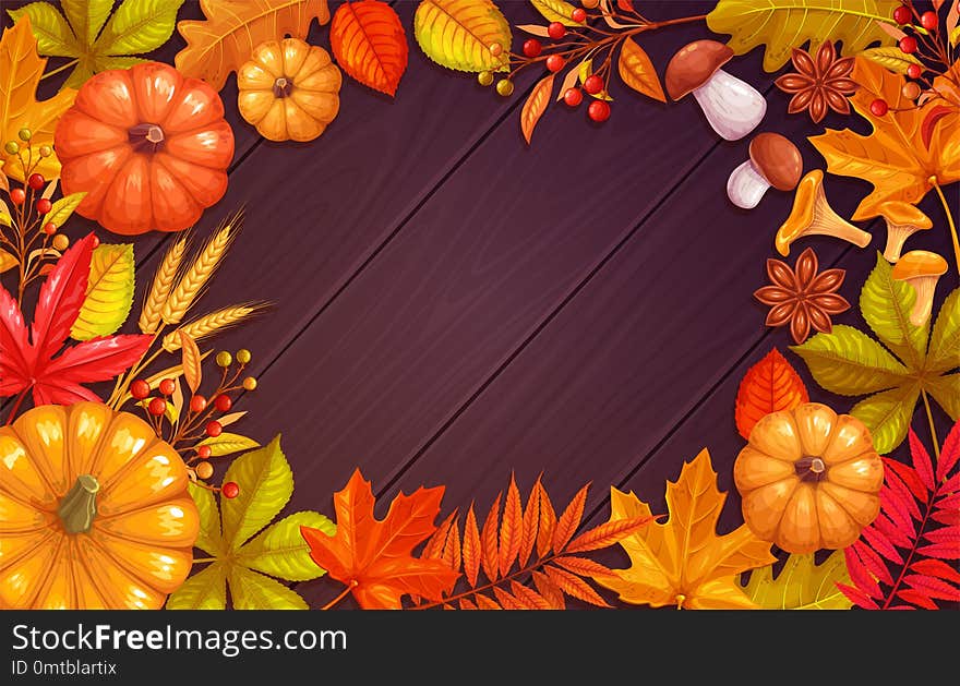 Fall poster template with autumn foliage of maple, oak, elm, chestnut, nuts, pumpkin, wheat and autumn berries on dark wooden background.