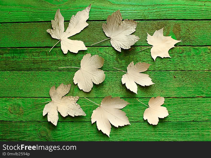 The picture shows green boards with white leaves. The picture shows green boards with white leaves.