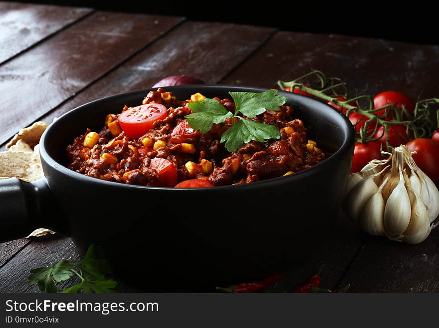 Hot chili con carne. mexican food tasty and spicy.