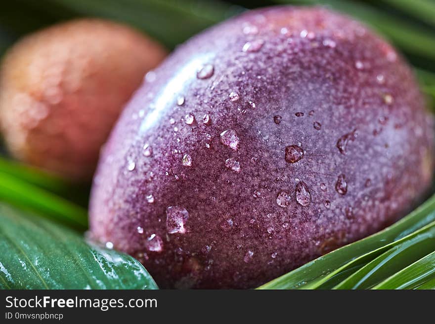 Close-up of Passion fruit in a drops of water - fresh juicy exotic fruit with tropical leaf.