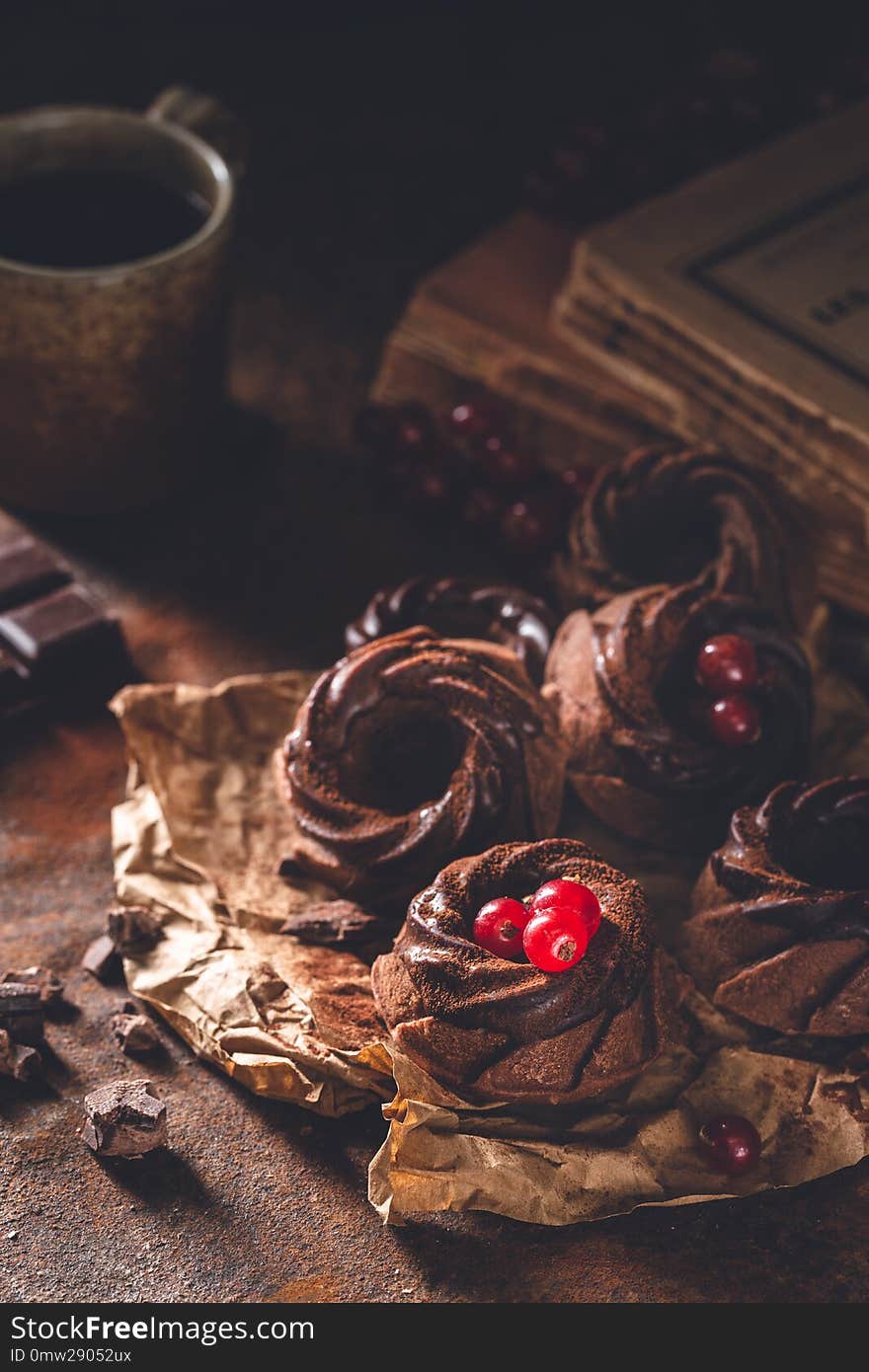 Chocolate Bundt Cake for Dessert on dark background