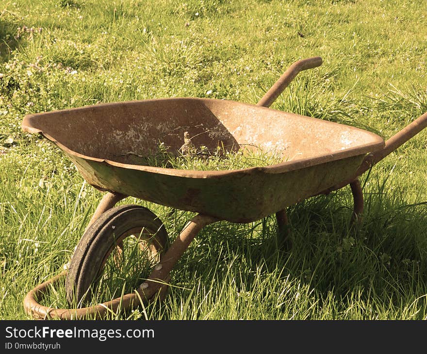 Wheelbarrow, Cart, Grass, Soil