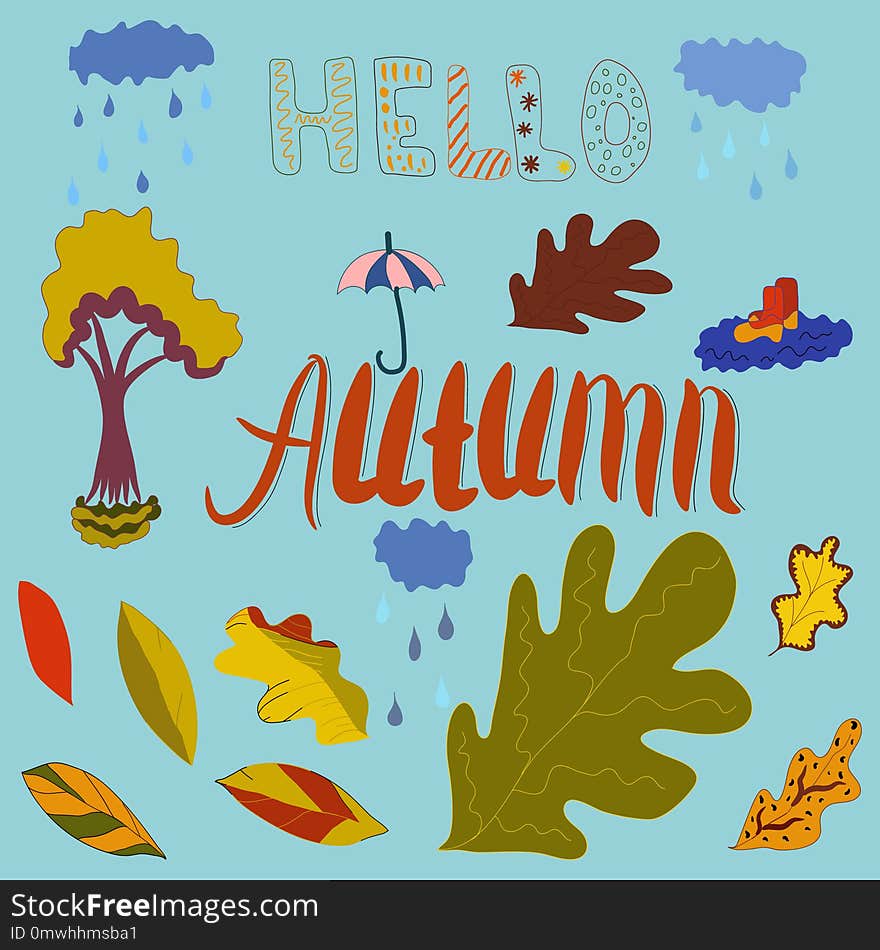 Autumn Theme Hand Drawn Elements Arranged Individually.