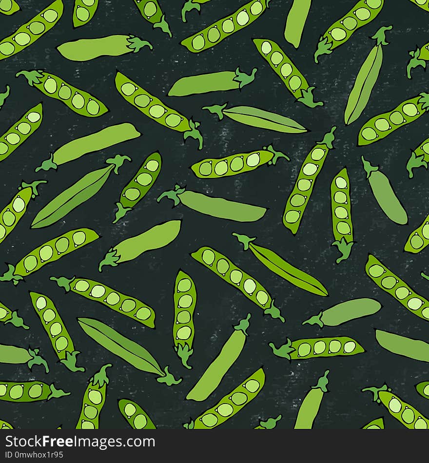 Black Board. Seamless Endless Pattern of Green Peas and Peeled Pea Pod. Healthy Bio Vegetarian Food. Realistic Hand