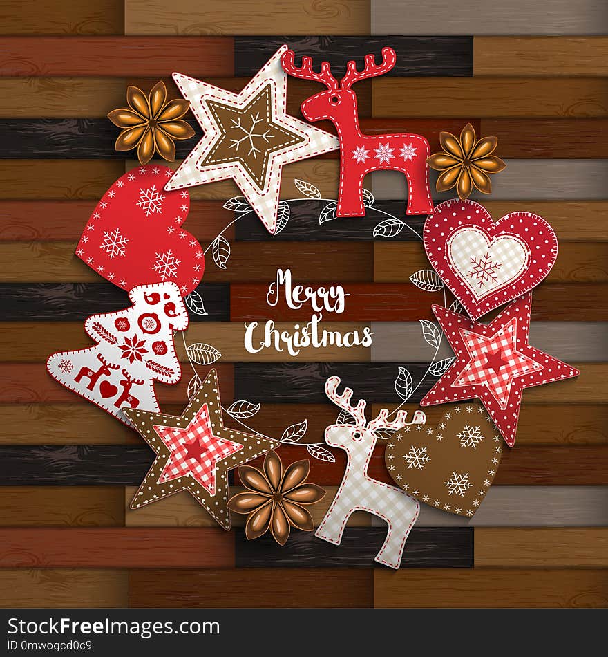 Christmas background, small Scandinavian styled red decorations lying on wooden parquet background, inspired by flat lay style, with text Merry Christmas, framed by abstract leaf wreath, vector illustration, eps 10 with transparency. Christmas background, small Scandinavian styled red decorations lying on wooden parquet background, inspired by flat lay style, with text Merry Christmas, framed by abstract leaf wreath, vector illustration, eps 10 with transparency