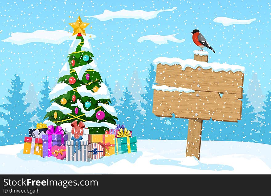 Christmas landscape with tree, gift boxes and wooden signpost with bullfinch bird. Winter landscape with fir trees forest and snowing. New year celebration xmas holiday. Vector illustration flat style. Christmas landscape with tree, gift boxes and wooden signpost with bullfinch bird. Winter landscape with fir trees forest and snowing. New year celebration xmas holiday. Vector illustration flat style