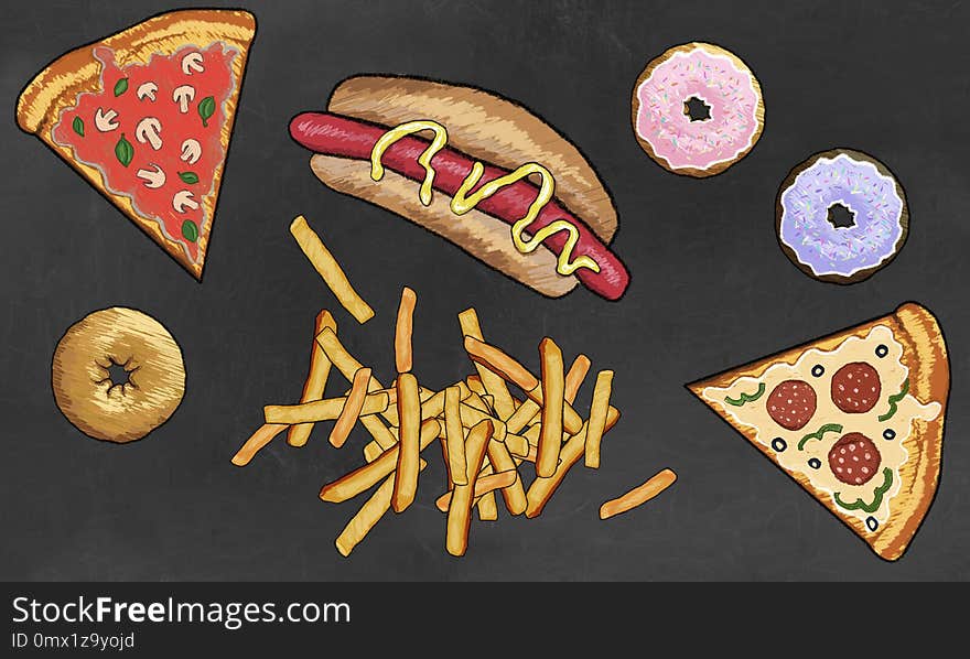 Junk Food such as Dougnuts, French Fries, Pizza and Hot Dog illustrated on Blackboard. Junk Food such as Dougnuts, French Fries, Pizza and Hot Dog illustrated on Blackboard