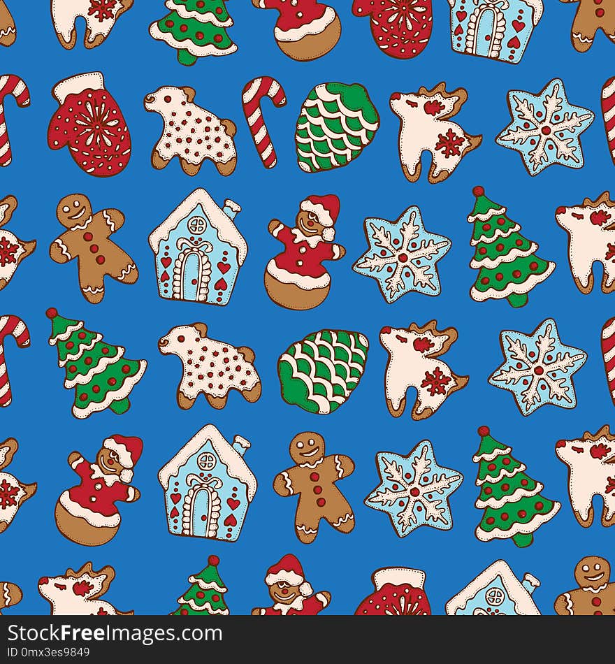Seamless pattern of christmas homemade gingerbread cookies on blue background. Christmas tree, snowflake, deer and snowman. Vector illustration for menu design, cafe decoration, delivery box..