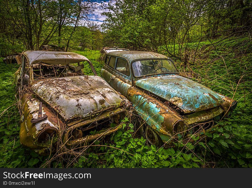 Forgotten car decaying in the garden, urbex Czech republic.