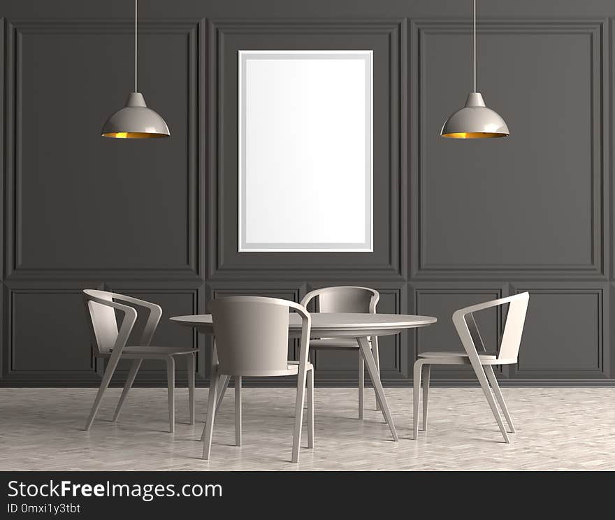 Modern dining room with poster frame mock up. 3d illustration.