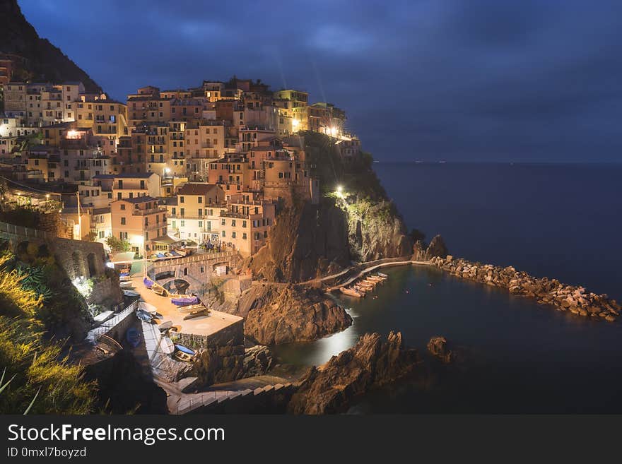 Manarola village at night, Cinque Terre, Italy. Manarola village at night, Cinque Terre, Italy