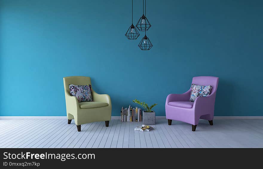 3ds rendering image of yellow and pink sofa and books place on timber floor which have blue cracked concrete wall as background. Modern hanging lamps over the books and decoration little tree in marble cubic potted. 3ds rendering image of yellow and pink sofa and books place on timber floor which have blue cracked concrete wall as background. Modern hanging lamps over the books and decoration little tree in marble cubic potted