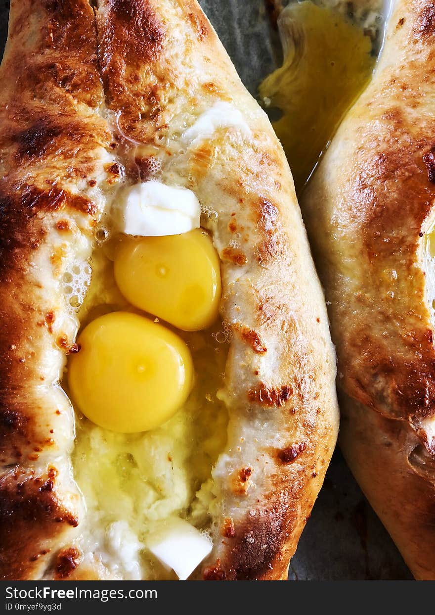 Ajarian Khachapuri Georgian Cheese Pie With Egg Close-up.