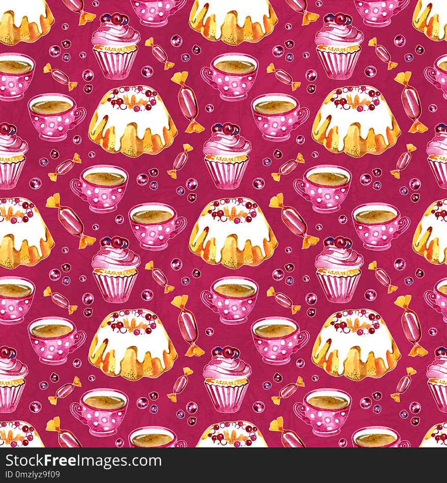 Seamless pattern of a cake, cupcake and cranberry. Picture of a dessert.Watercolor hand drawn illustration.White