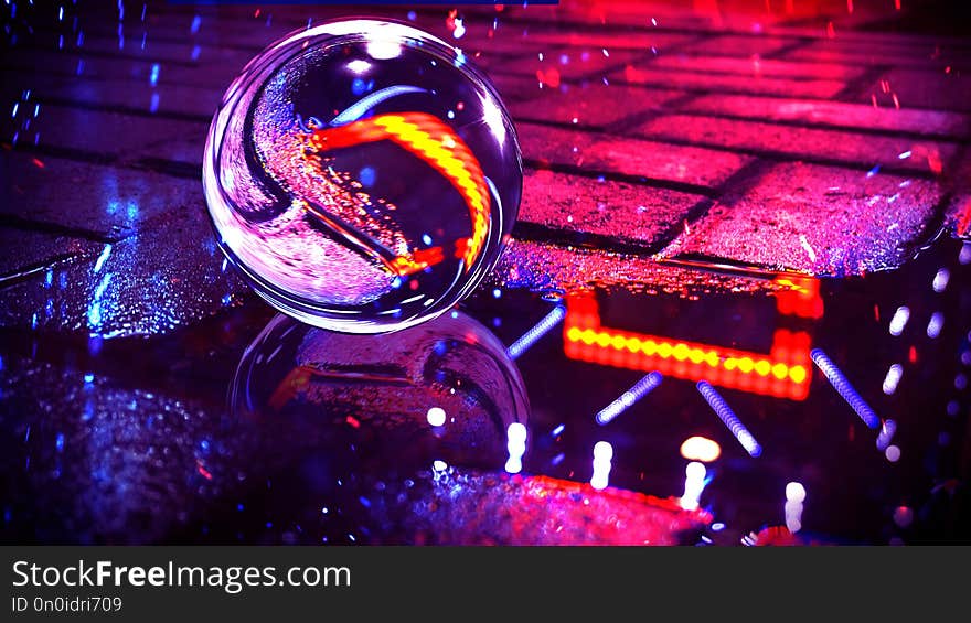 Background of wet asphalt with neon light. Reflection of neon lights in puddles, bright colors, glass ball. Neon night city