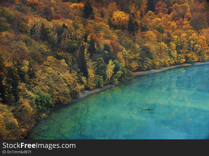 Unrecognizable Fisherman in a Boat on a Lake and Autumnal Forest on a Bank. Photo with very Highlighted Colors.