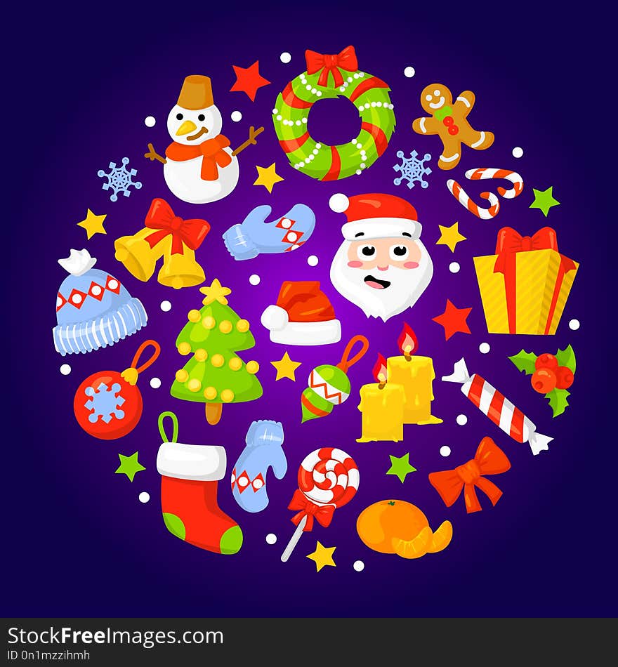 Vector cartoon illustration with winter background. Cartoon cute christmas objects. Vector background for your holidays design. Vector clip art