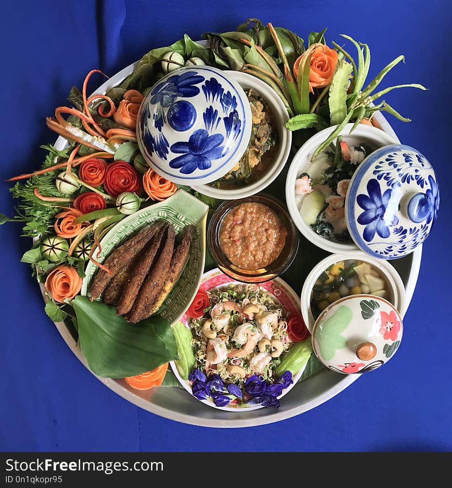 Decoration tray of Southern Thailand food. The traditional recipes for guest. Various delicious food.