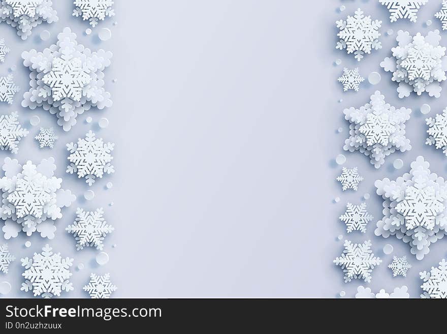 Abstract Christmas background with volumetric paper snowflakes.