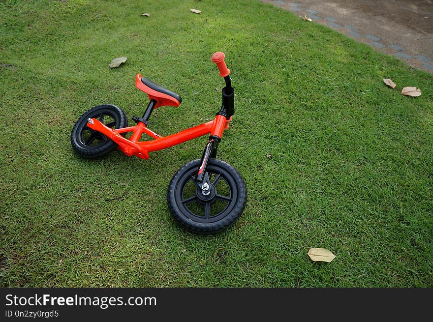 Bicycle without pedals for young kids learning balance laying on grass. Bicycle without pedals for young kids learning balance laying on grass