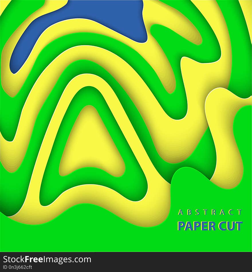 Vector Background With Brazilian Flag Colors Paper Cut Shapes.