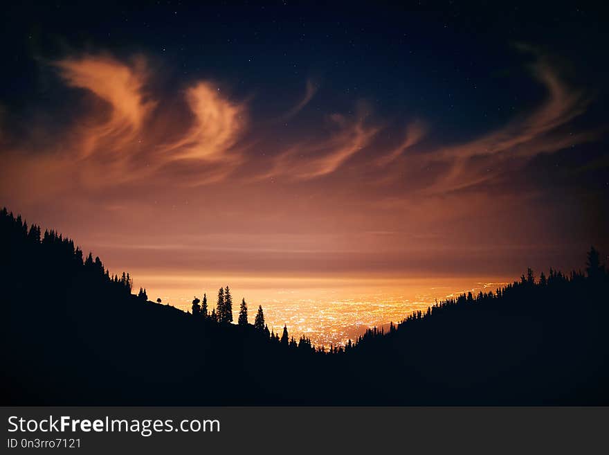 Glowing City lights at night sky with stars and silhouettes of pine tree and mountain in Almaty, Kazakhstan. Glowing City lights at night sky with stars and silhouettes of pine tree and mountain in Almaty, Kazakhstan.