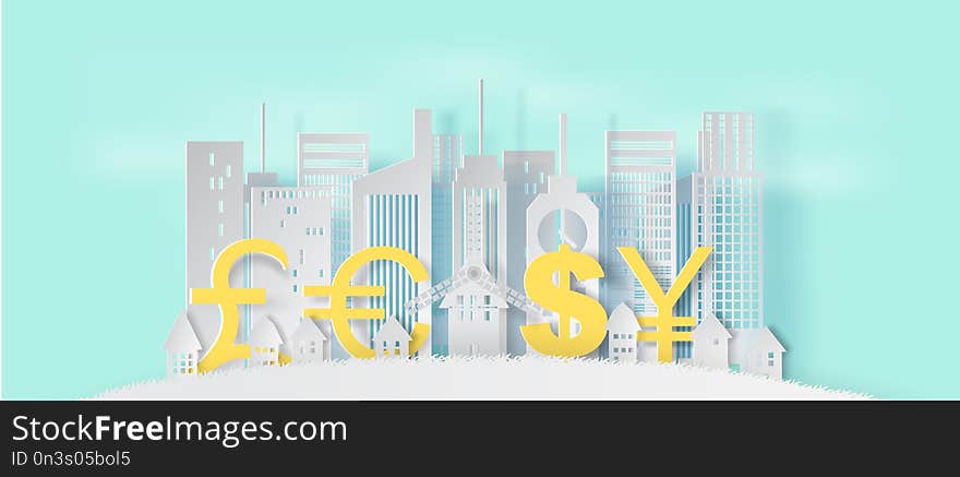 3d Paper art and craft style of cityscape and lanscape with business finance concept on blue pastel color background .International trading money exchange financial system concept.vector,illustration