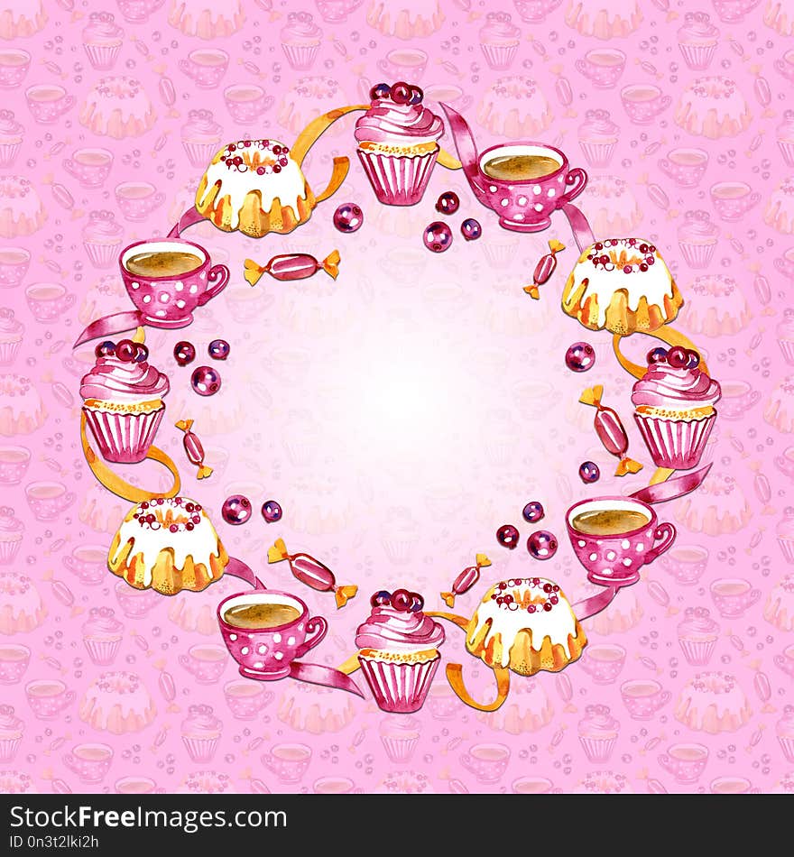 Sweet cakes, tea and berries frame isolated on pink background. Design for card, logo, menu. Hand drawn watercolor