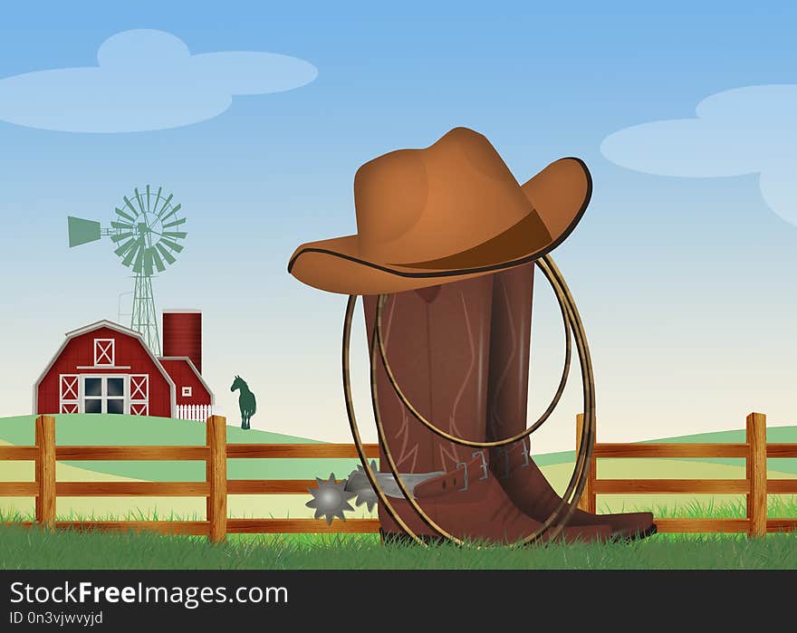 Illustration of cowboy boots, hat and lasso