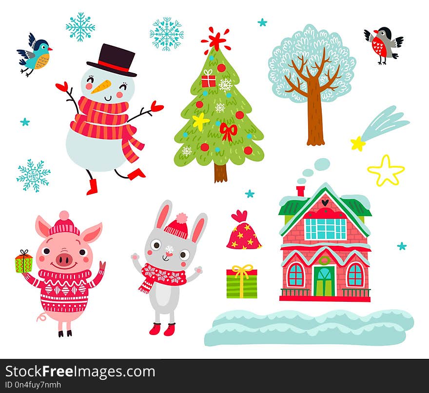 Christmas vector set of animals Cute characters. Christmas vector set of animals Cute characters.