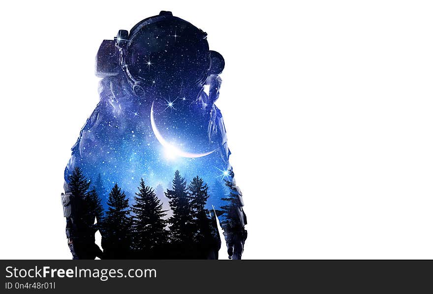 Double exposure of astronaut on white background. Mixed media. Double exposure of astronaut on white background. Mixed media