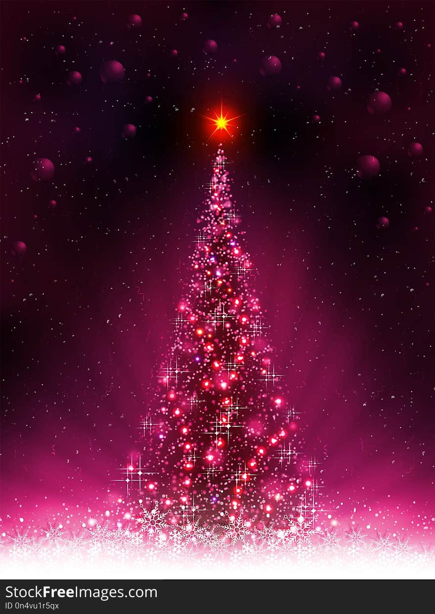 Pink Card With Shiny Christmas Tree And White Snowflakes.