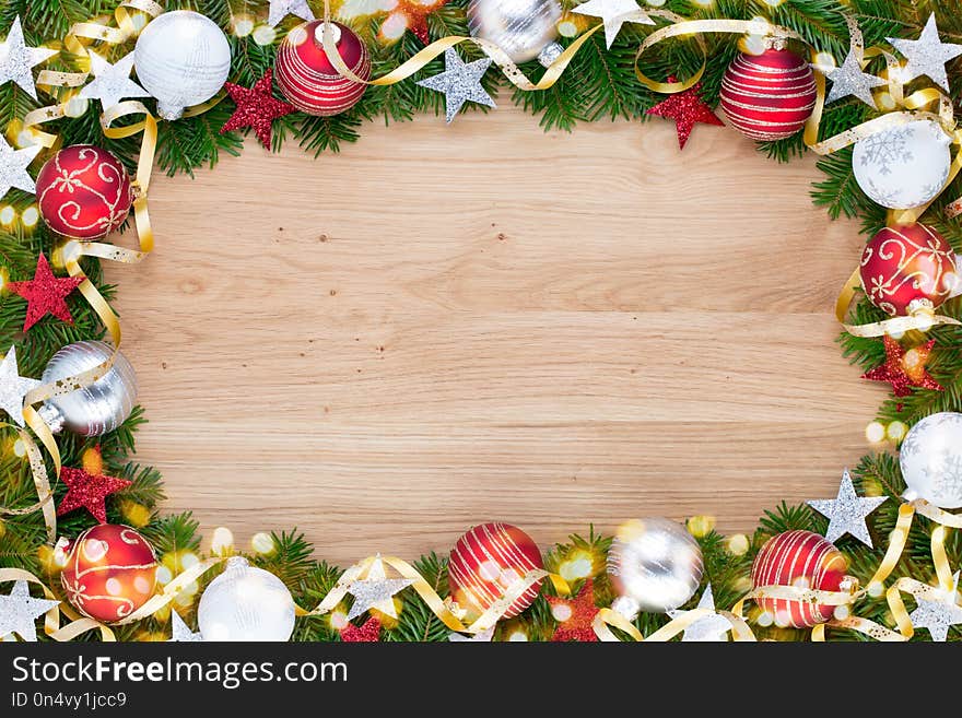 Christmas Greeting Card Wooden Background.