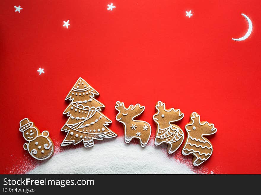 Christmas holidays ornament flat lay; Christmas card background