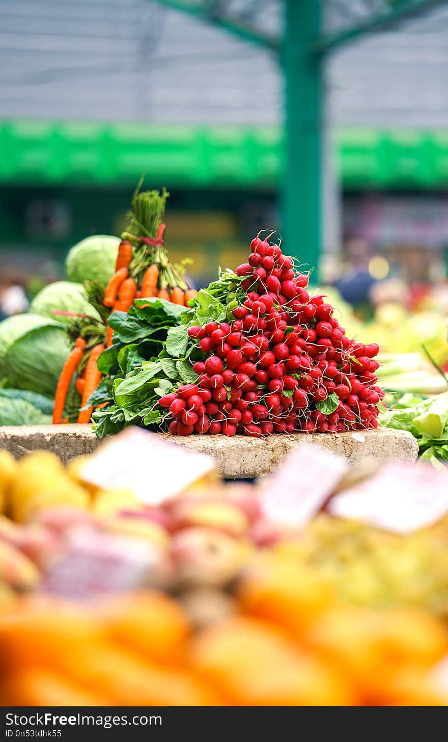 Fresh and organic vegetables and fruits on farmers market or green market. Autumn harvest and heathy eating concept