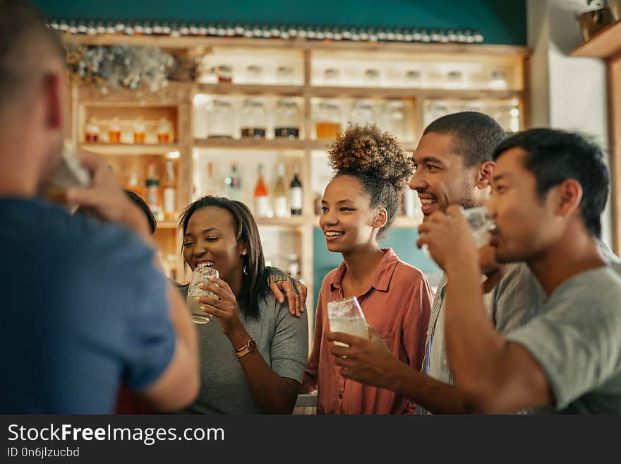 Diverse Young Friends Hanging Out Together In A Bar