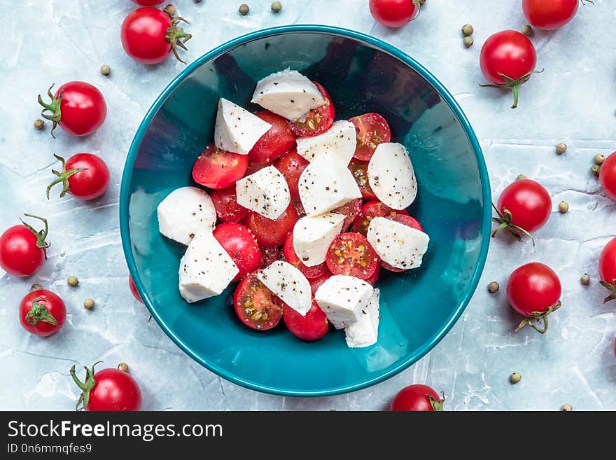 Italian Food Ingredients - Mozzarella, Tomatoes On Concrete. View From Above