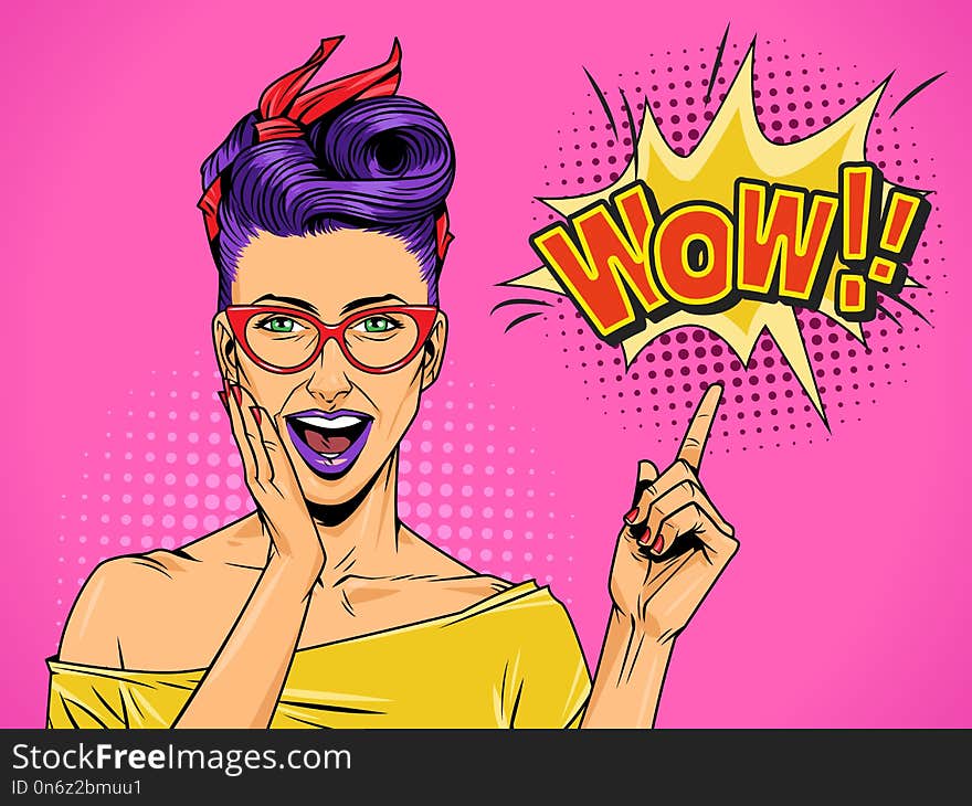 Pop art beautiful surprised lady with purple hair and lips pointing at speech bubble and Wow comic wording vector illustration