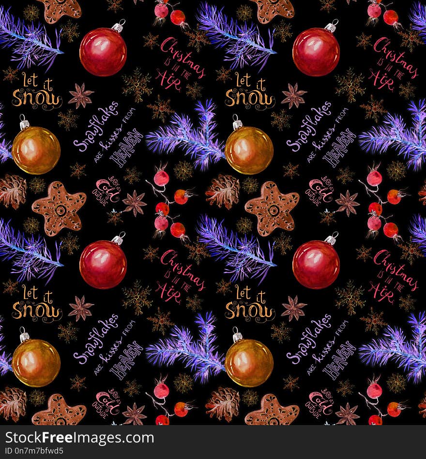 Neon glowing seamless Christmas pattern with hand written lettering. New Year text about snow and holidays on black