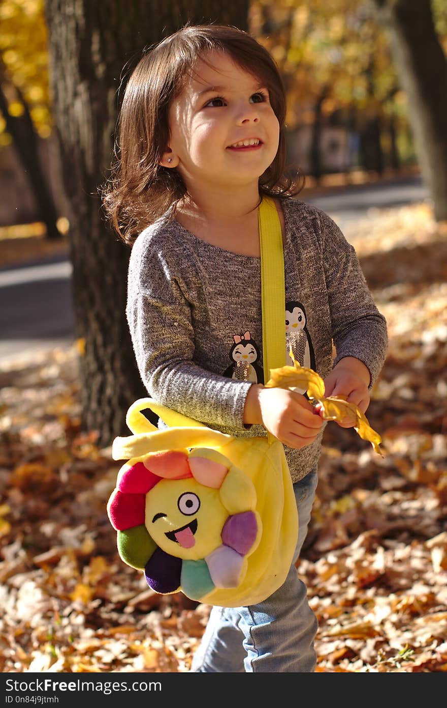 Beautiful Smiling Little Girl In Autumn Park