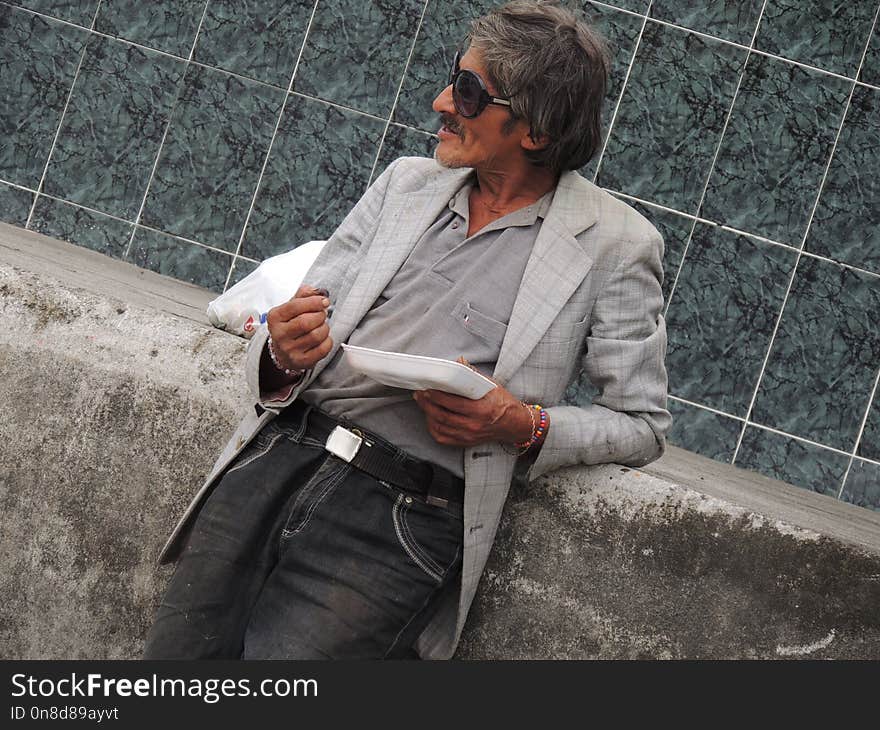 Man, Male, Sitting, Denim